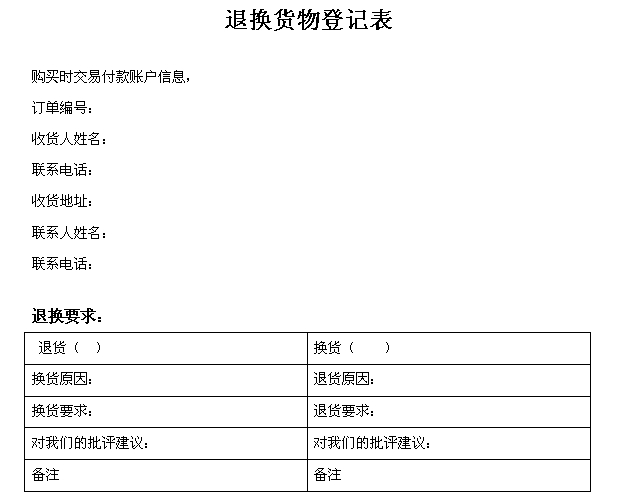 前進量具產(chǎn)品退換貨物登記表